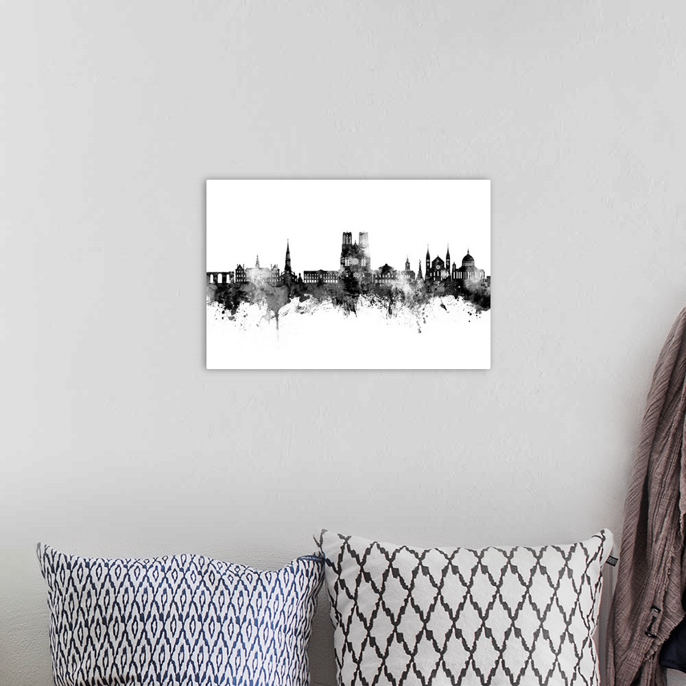 A bohemian room featuring Watercolor art print of the skyline of Reims, France