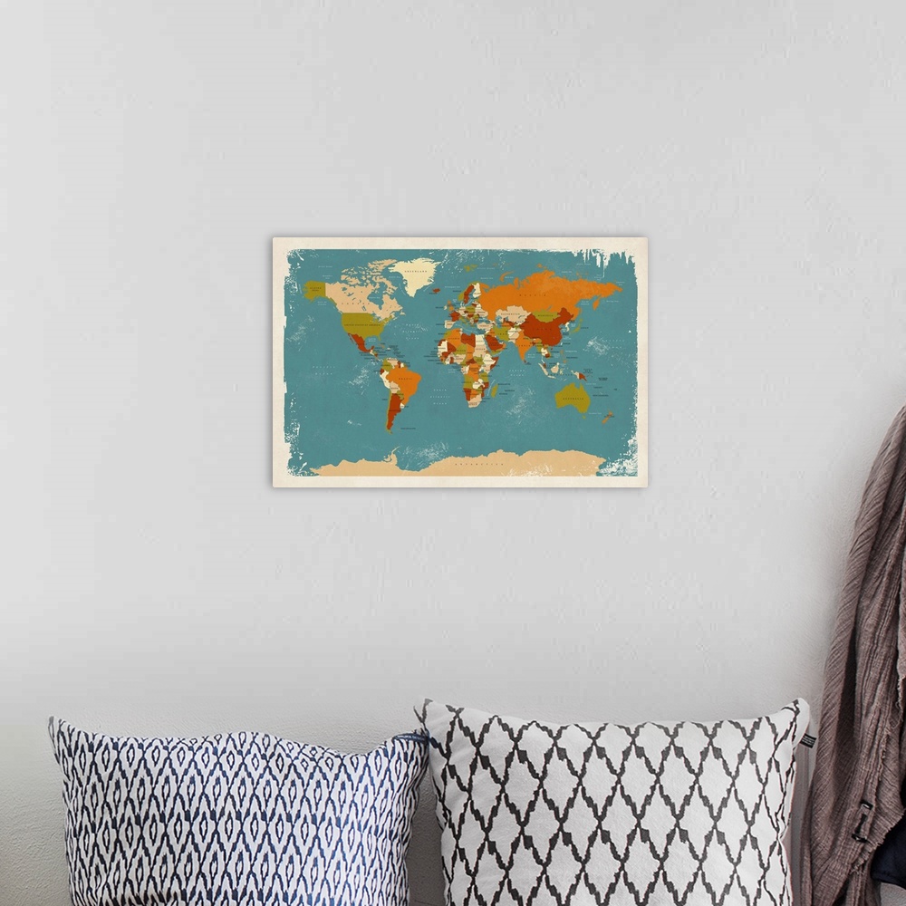 A bohemian room featuring Contemporary artwork of a political map of the world.
