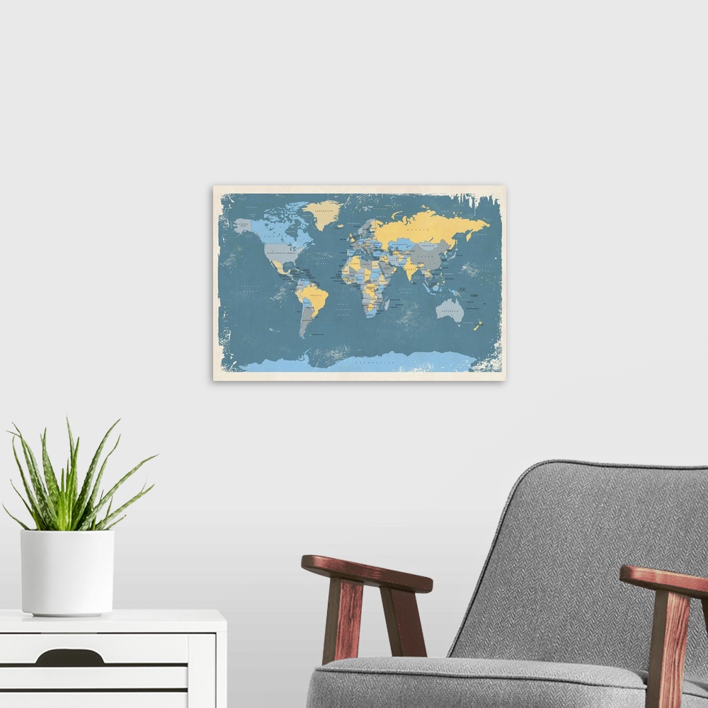A modern room featuring Contemporary artwork of a political map of the world.