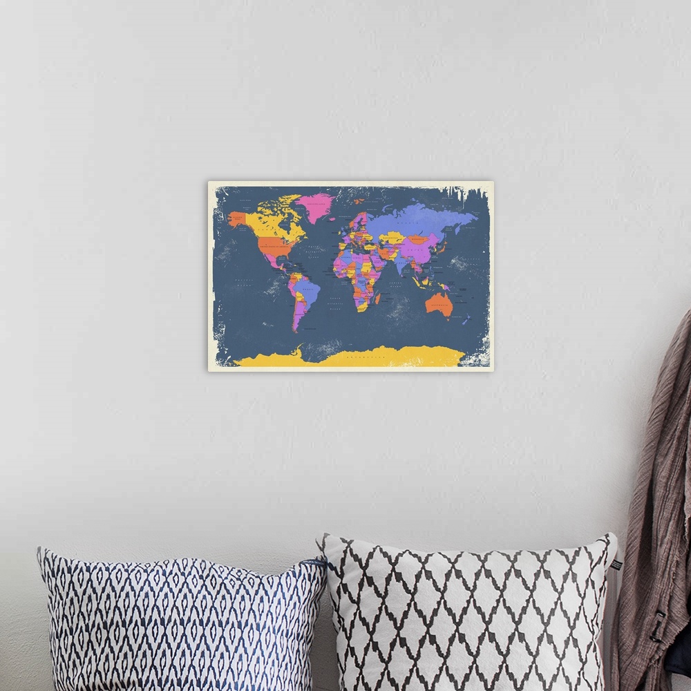 A bohemian room featuring Contemporary artwork of a political map of the world.