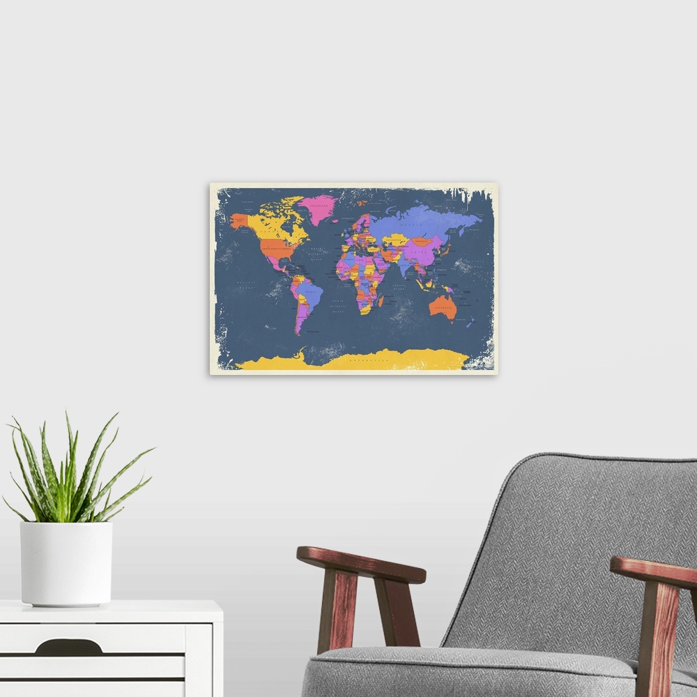 A modern room featuring Contemporary artwork of a political map of the world.