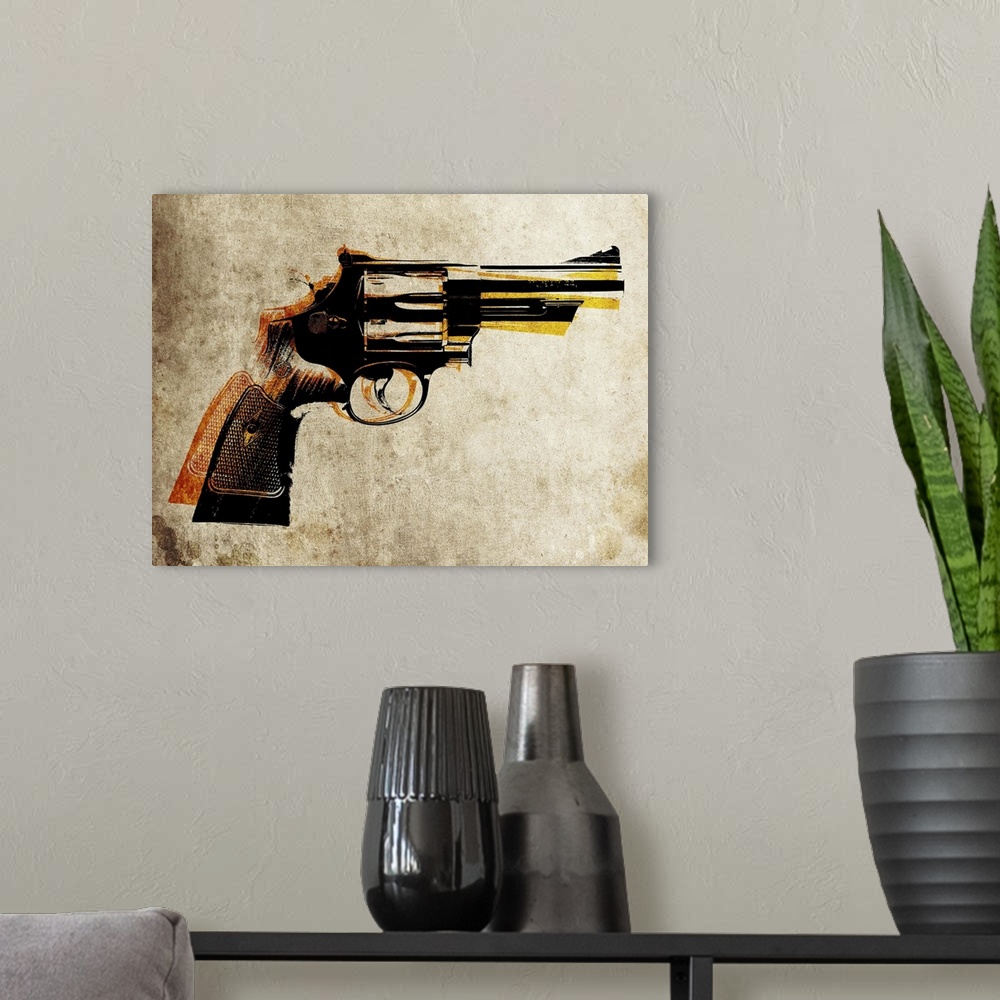 A modern room featuring Magnum .44 Revolver