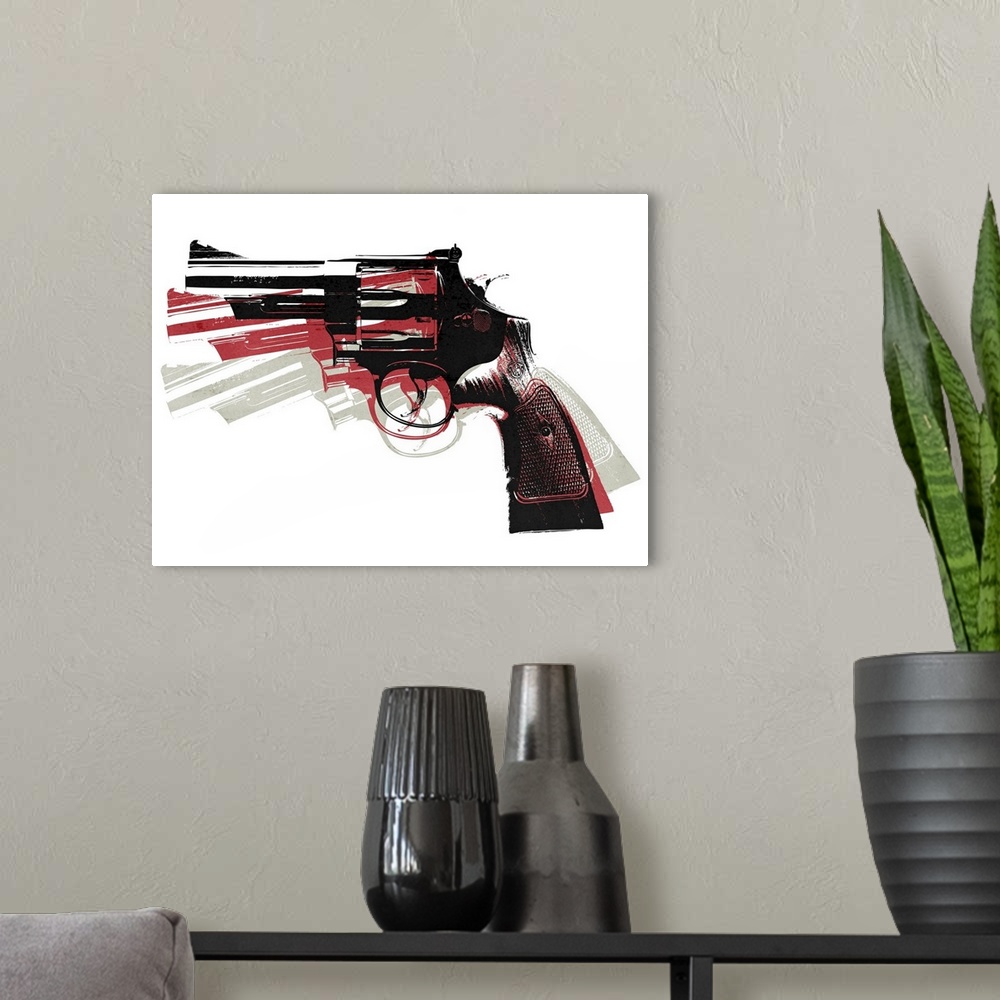 A modern room featuring Warhol inspired pop art of a revolver in three different colors and positions against a white bac...