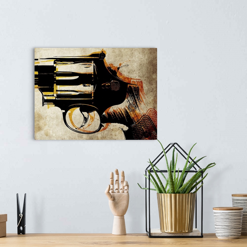 A bohemian room featuring Horizontal, pop art work of close up of a .44 Magnum handgun.