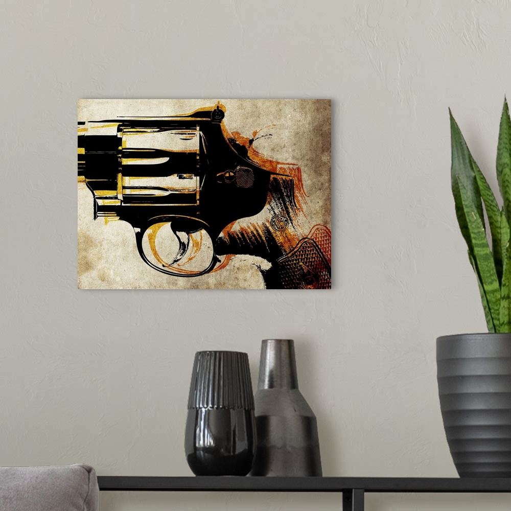 A modern room featuring Horizontal, pop art work of close up of a .44 Magnum handgun.