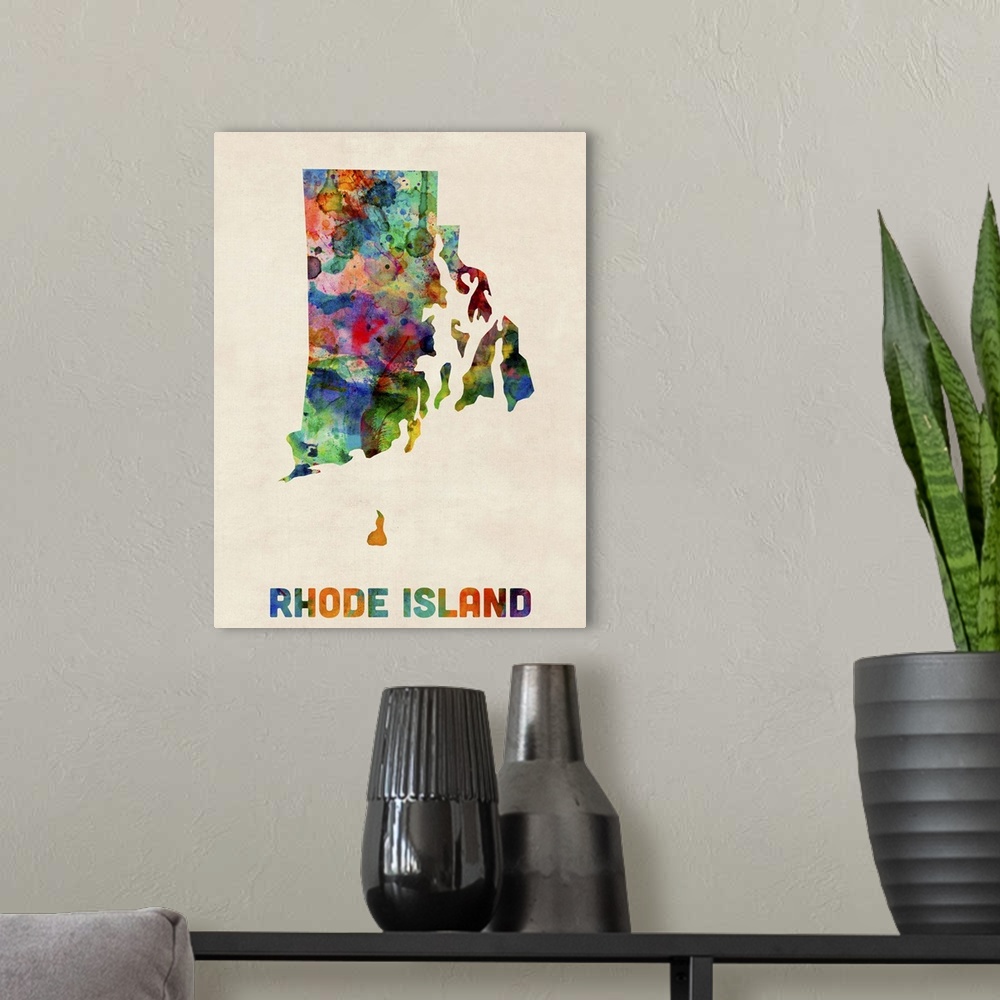 A modern room featuring Contemporary piece of artwork of a map of Rhode Island made up of watercolor splashes.