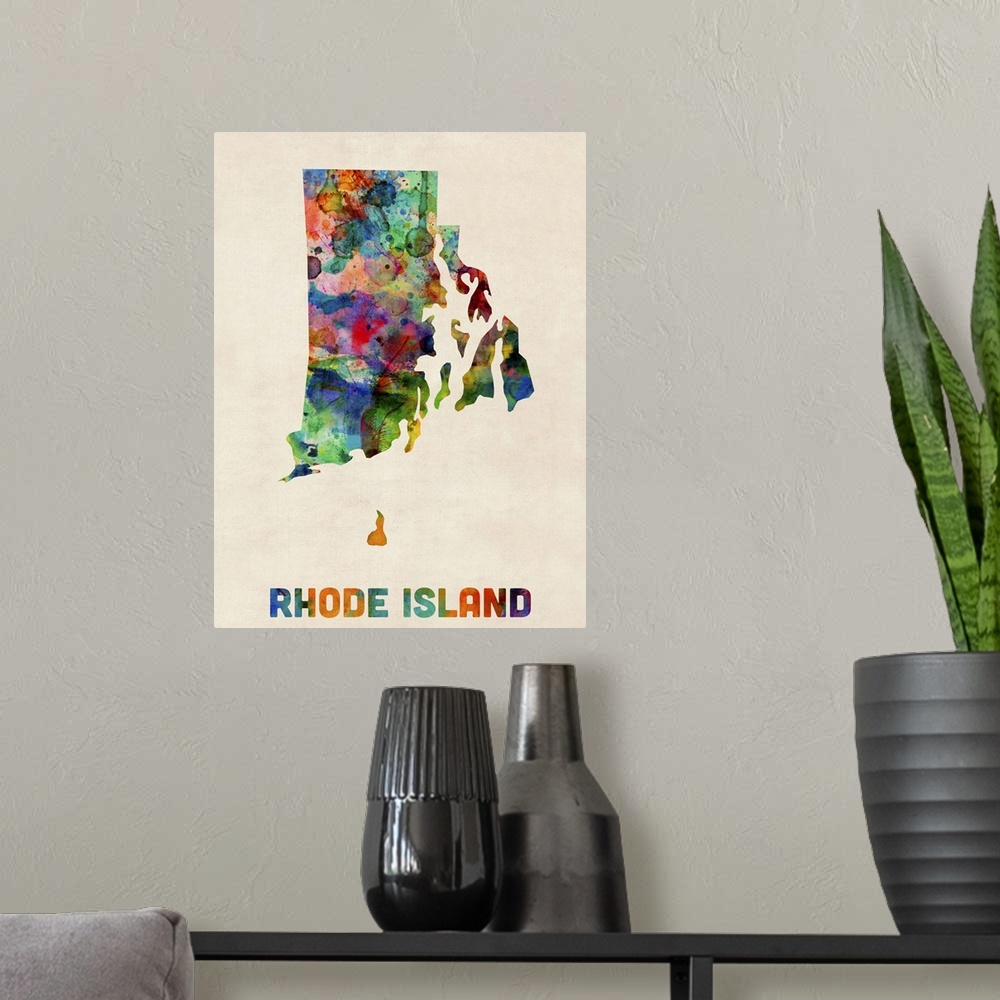 A modern room featuring Contemporary piece of artwork of a map of Rhode Island made up of watercolor splashes.