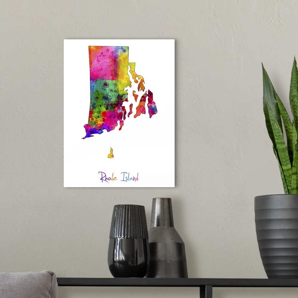 A modern room featuring Contemporary artwork of a map of Rhode Island made of colorful paint splashes.