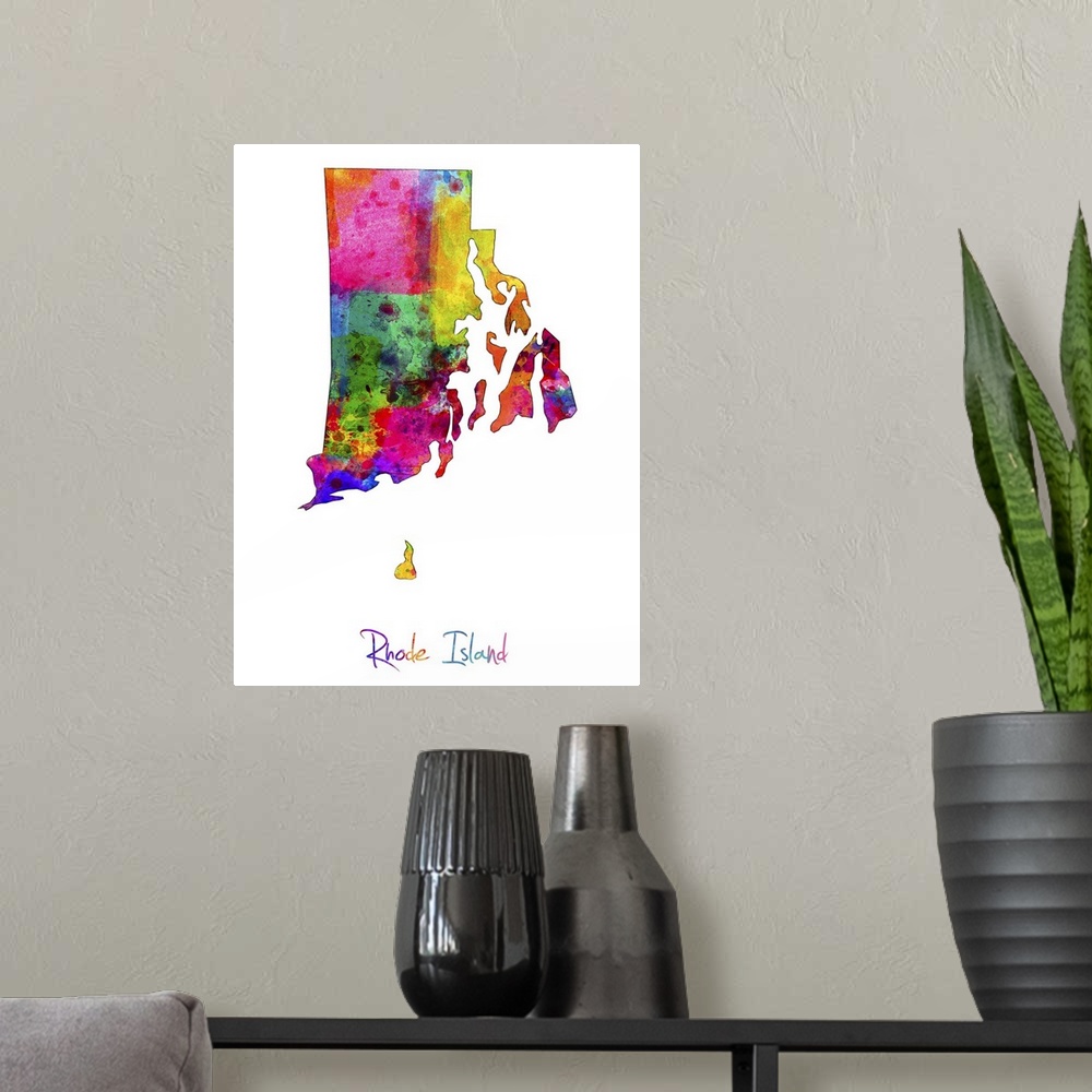 A modern room featuring Contemporary artwork of a map of Rhode Island made of colorful paint splashes.