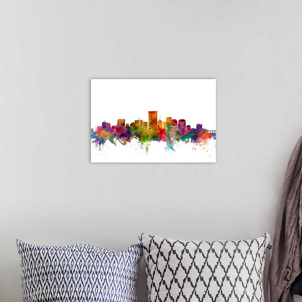 A bohemian room featuring Contemporary piece of artwork of the Richmond skyline made of colorful paint splashes.
