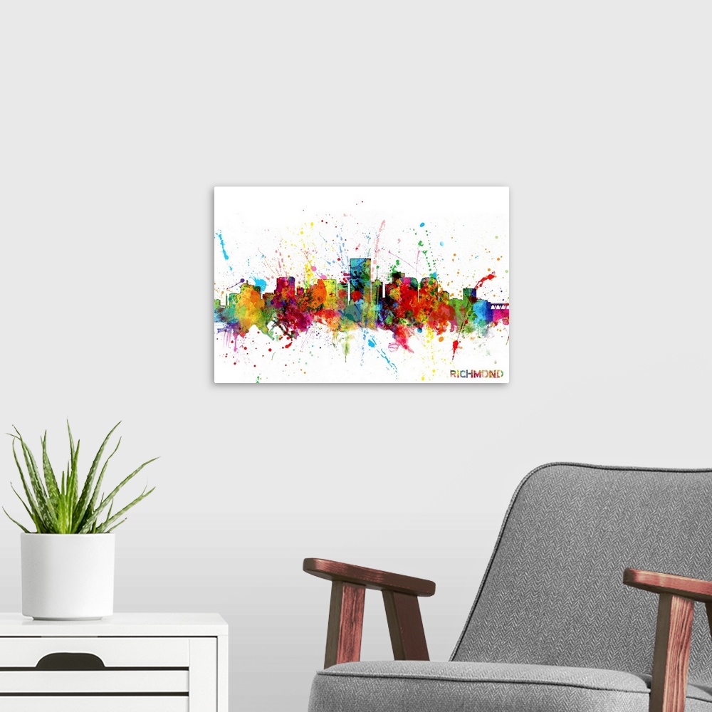 A modern room featuring Watercolor and paint splashes art print of the skyline of Richmond, Virginia, United States