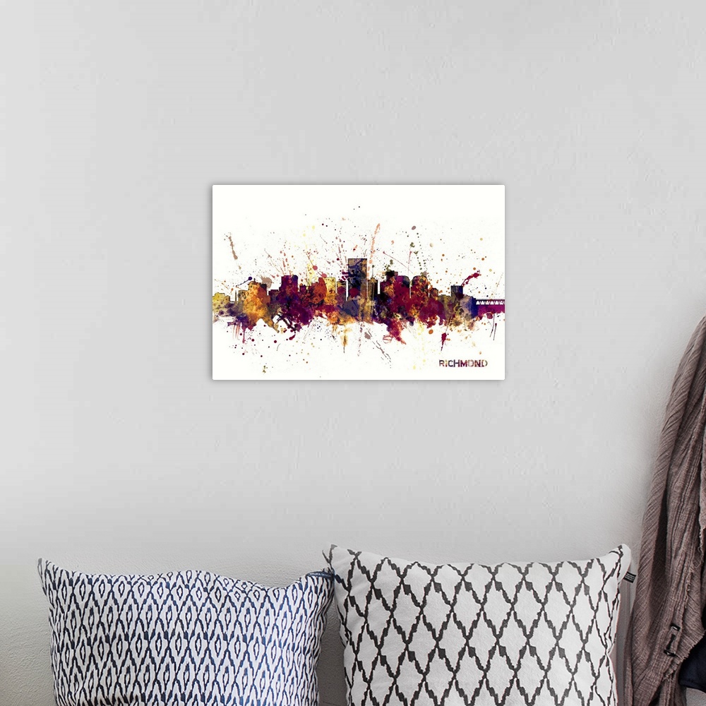 A bohemian room featuring Watercolor and paint splashes art print of the skyline of Richmond, Virginia, United States