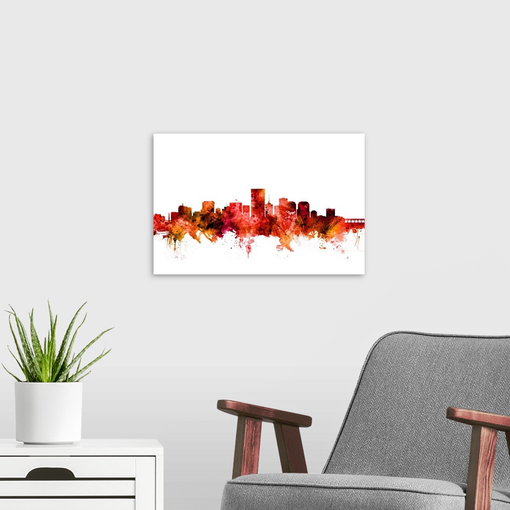 A modern room featuring Watercolor art print of the skyline of Richmond, Virginia, United States.