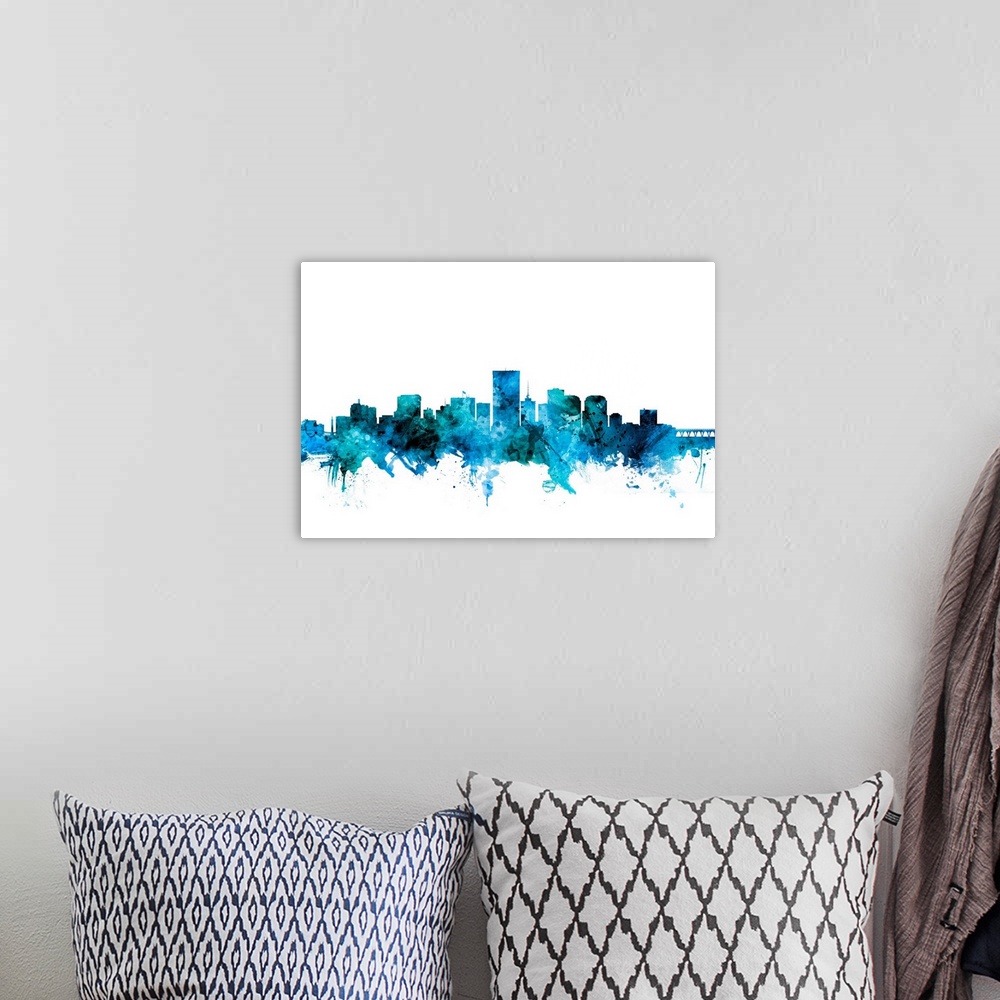 A bohemian room featuring Watercolor art print of the skyline of Richmond, Virginia, United States.