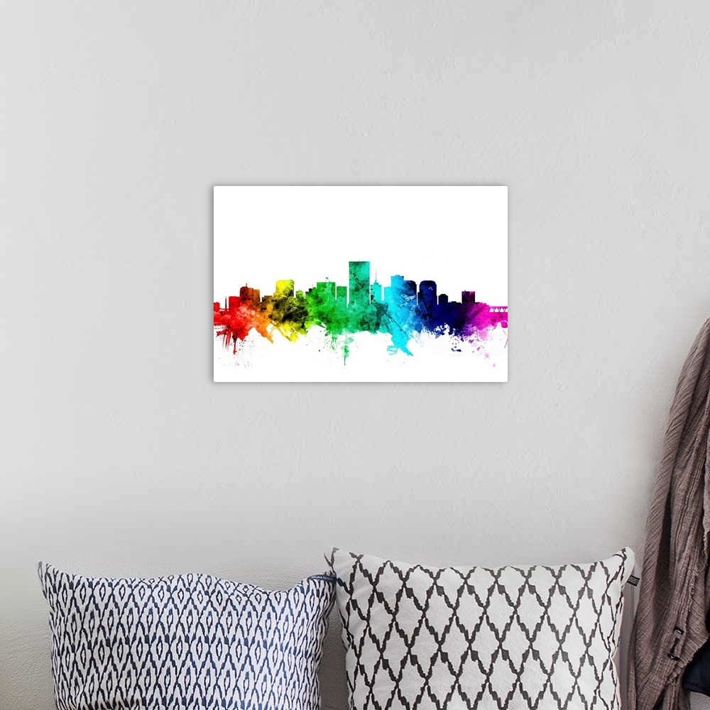 A bohemian room featuring Watercolor art print of the skyline of Richmond, Virginia, United States.