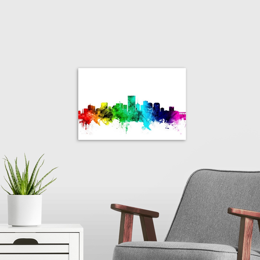 A modern room featuring Watercolor art print of the skyline of Richmond, Virginia, United States.