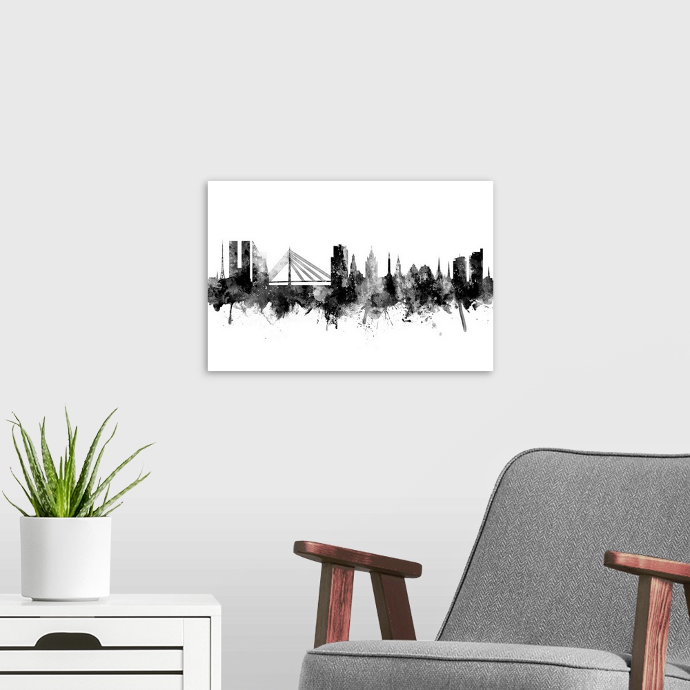 A modern room featuring Watercolor art print of the skyline of Riga, Latvia