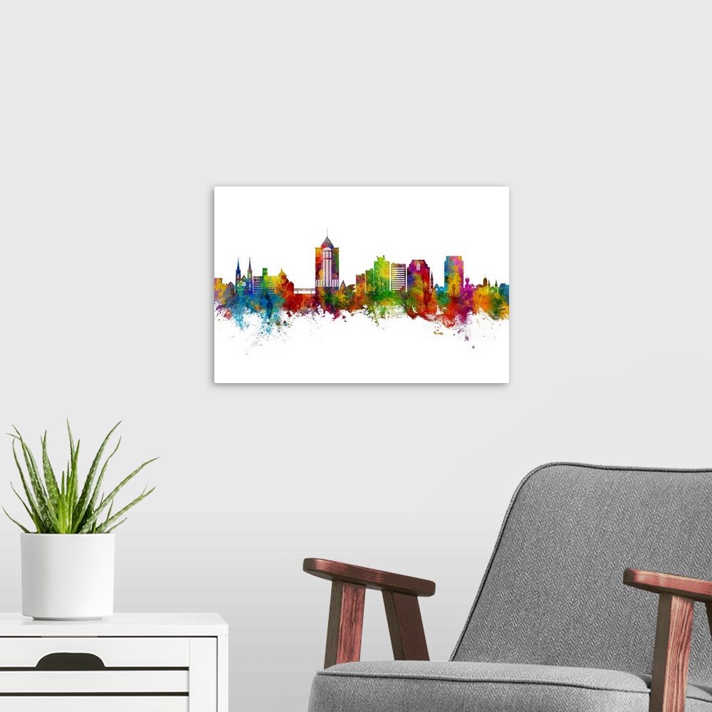 A modern room featuring Watercolor art print of the skyline of Roanoke, Virginia