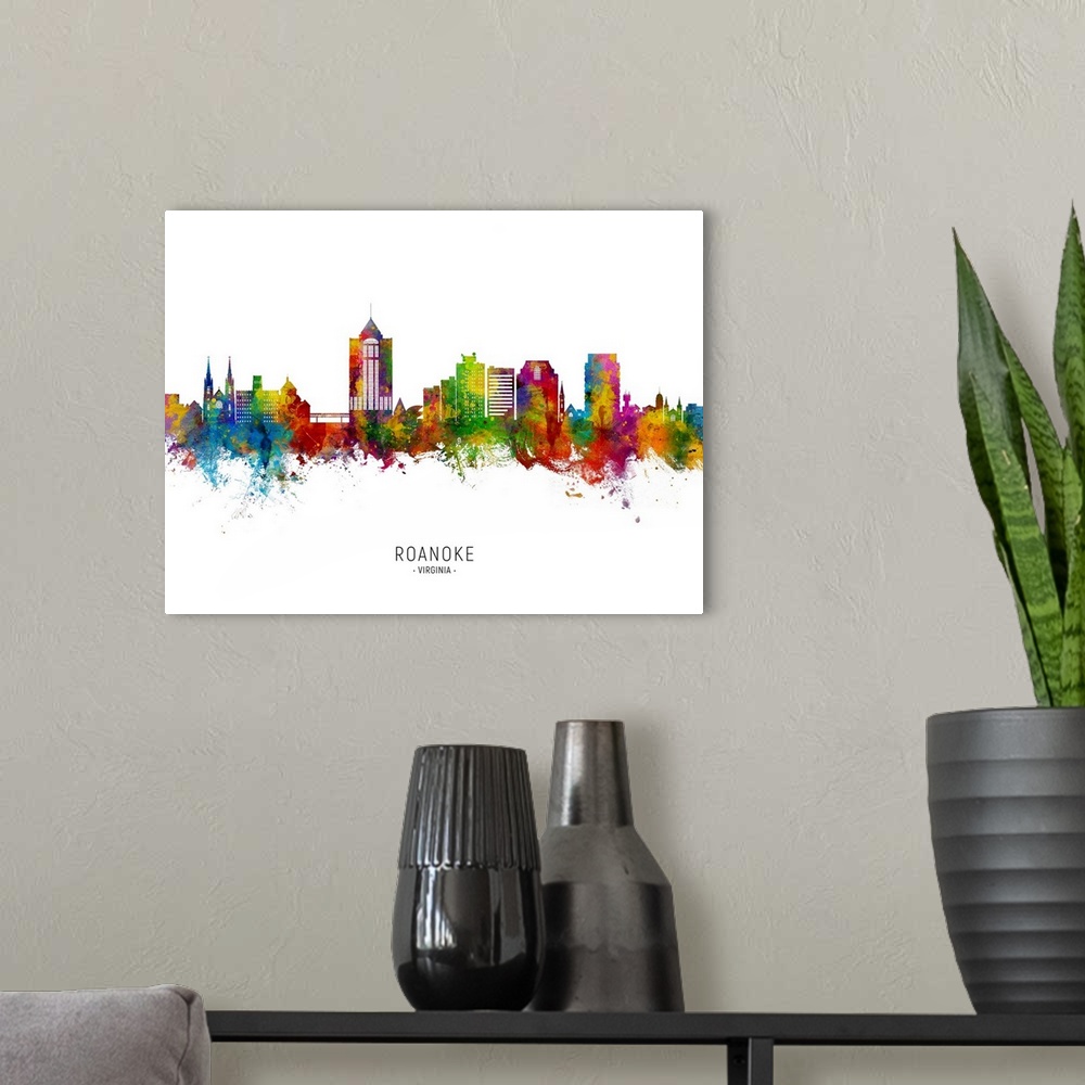 A modern room featuring Watercolor art print of the skyline of Roanoke, Virginia