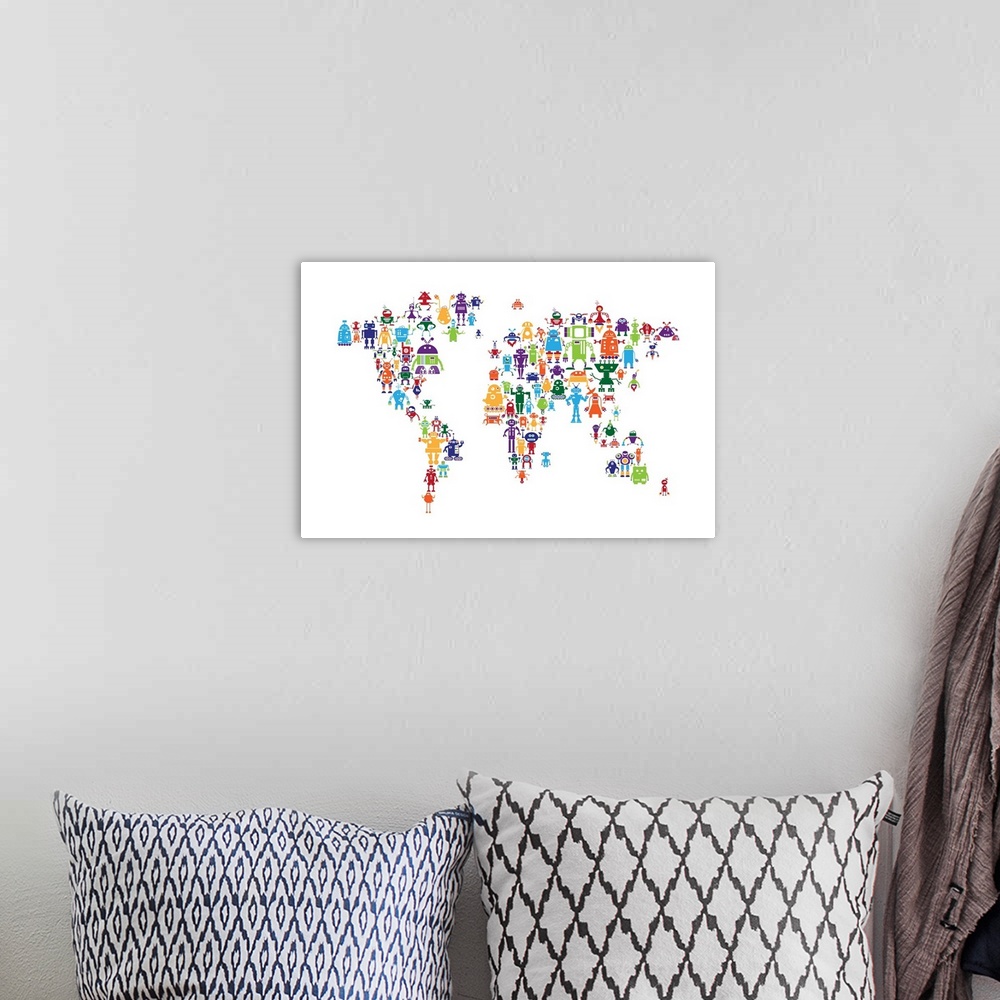 A bohemian room featuring Contemporary world map artwork made of bright colorful robots.