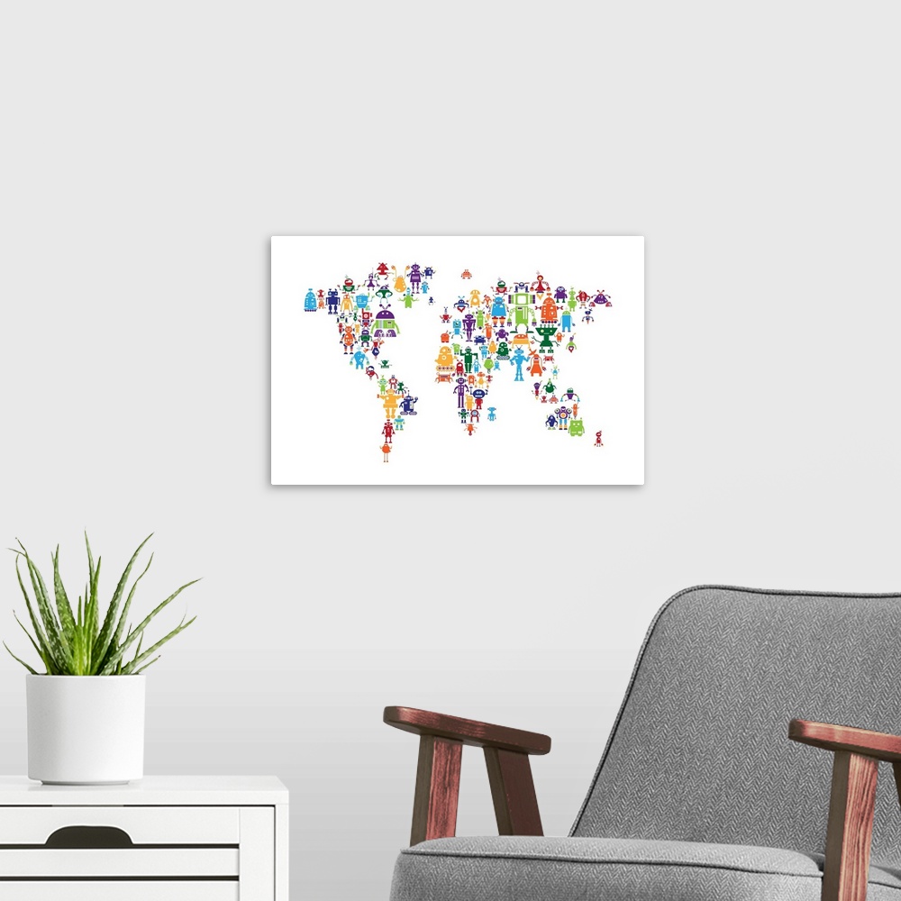 A modern room featuring Contemporary world map artwork made of bright colorful robots.