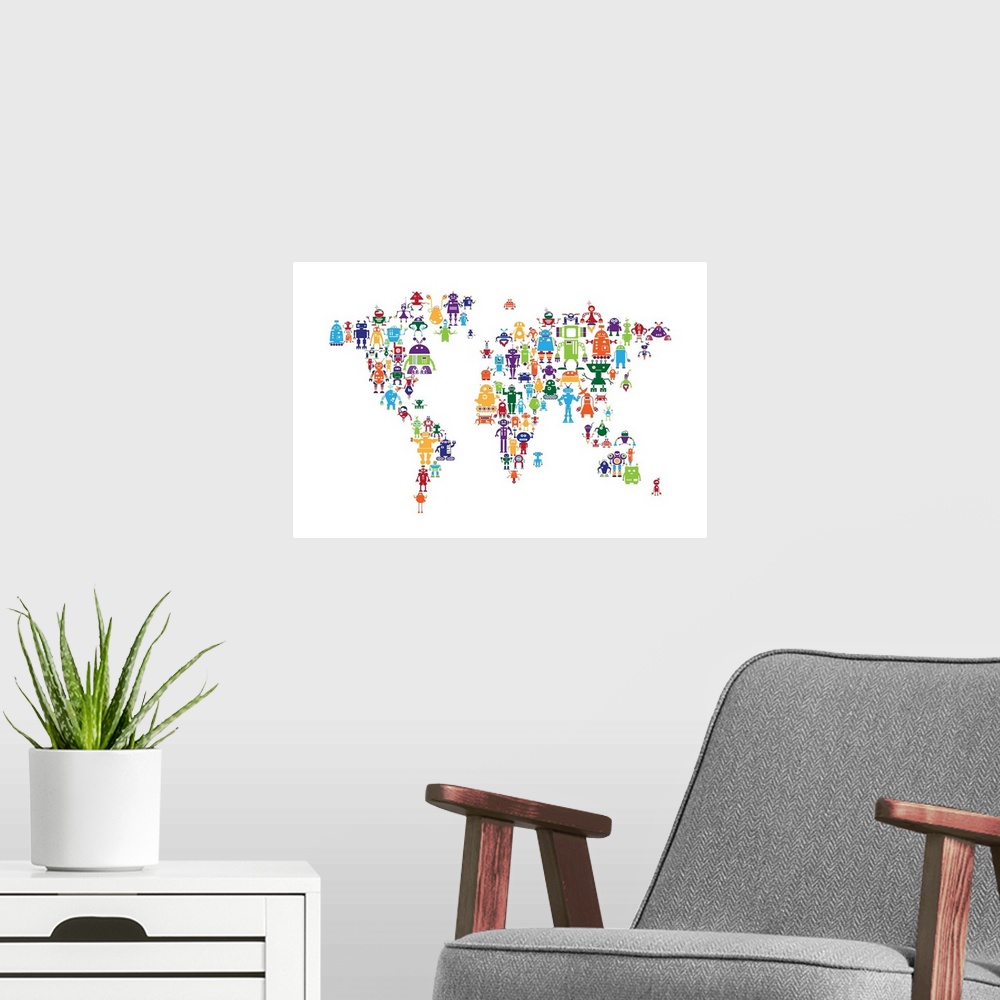A modern room featuring Contemporary world map artwork made of bright colorful robots.
