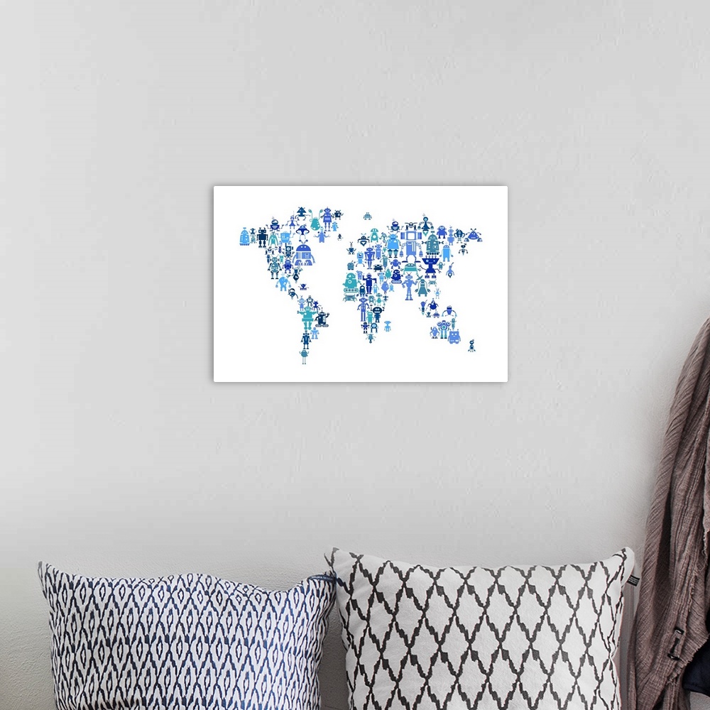 A bohemian room featuring Contemporary world map artwork made of robots.