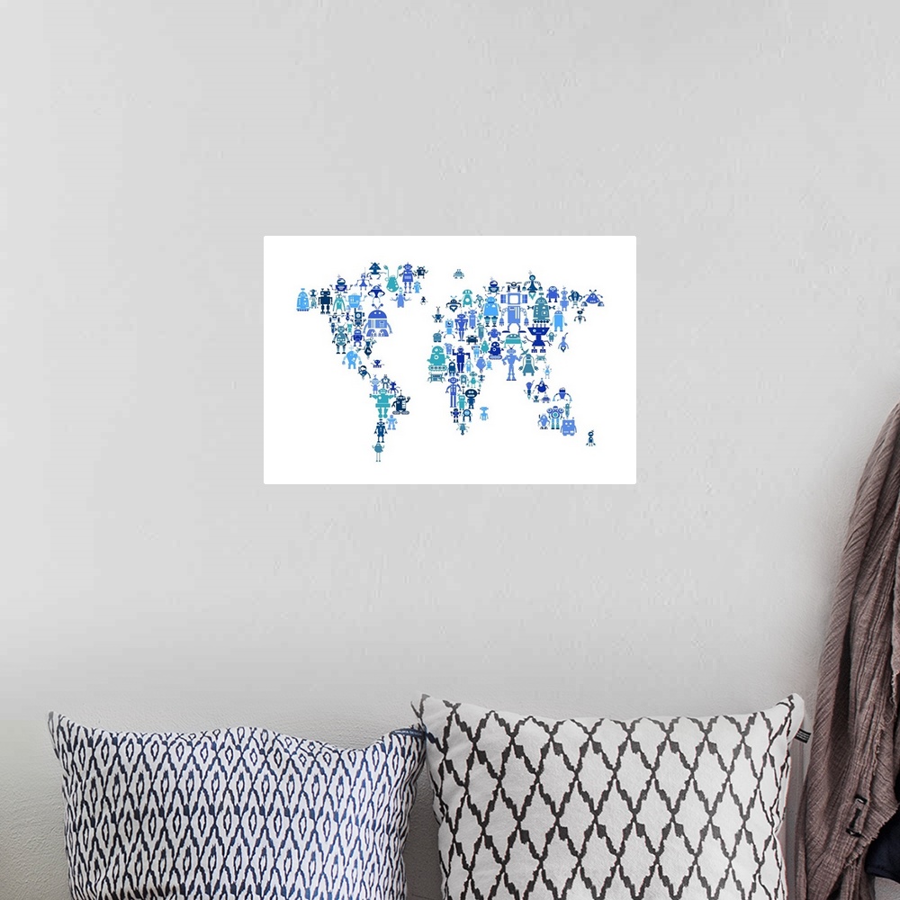 A bohemian room featuring Contemporary world map artwork made of robots.