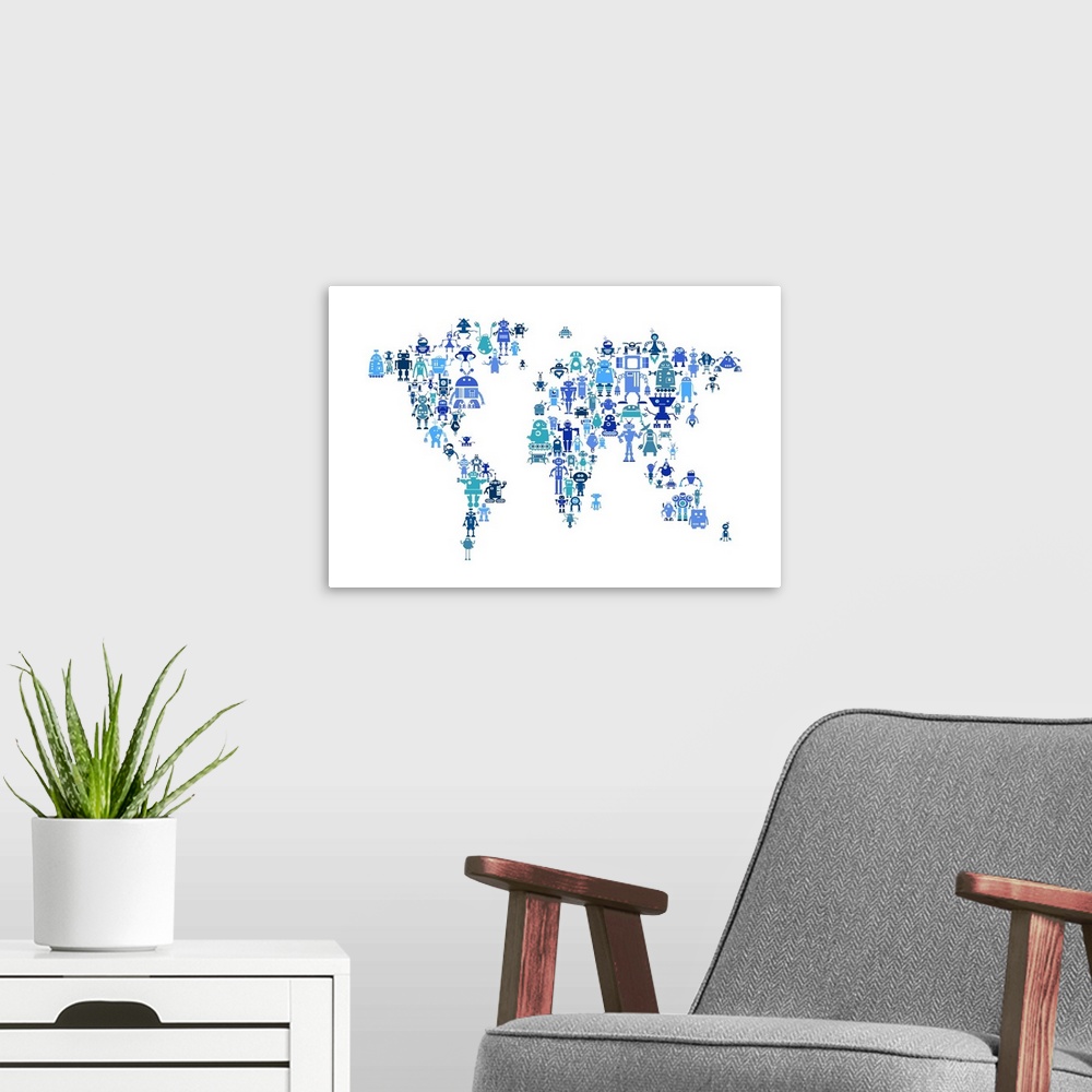 A modern room featuring Contemporary world map artwork made of robots.