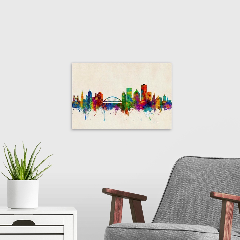 A modern room featuring Watercolor art print of the skyline of Rochester, New York, United States