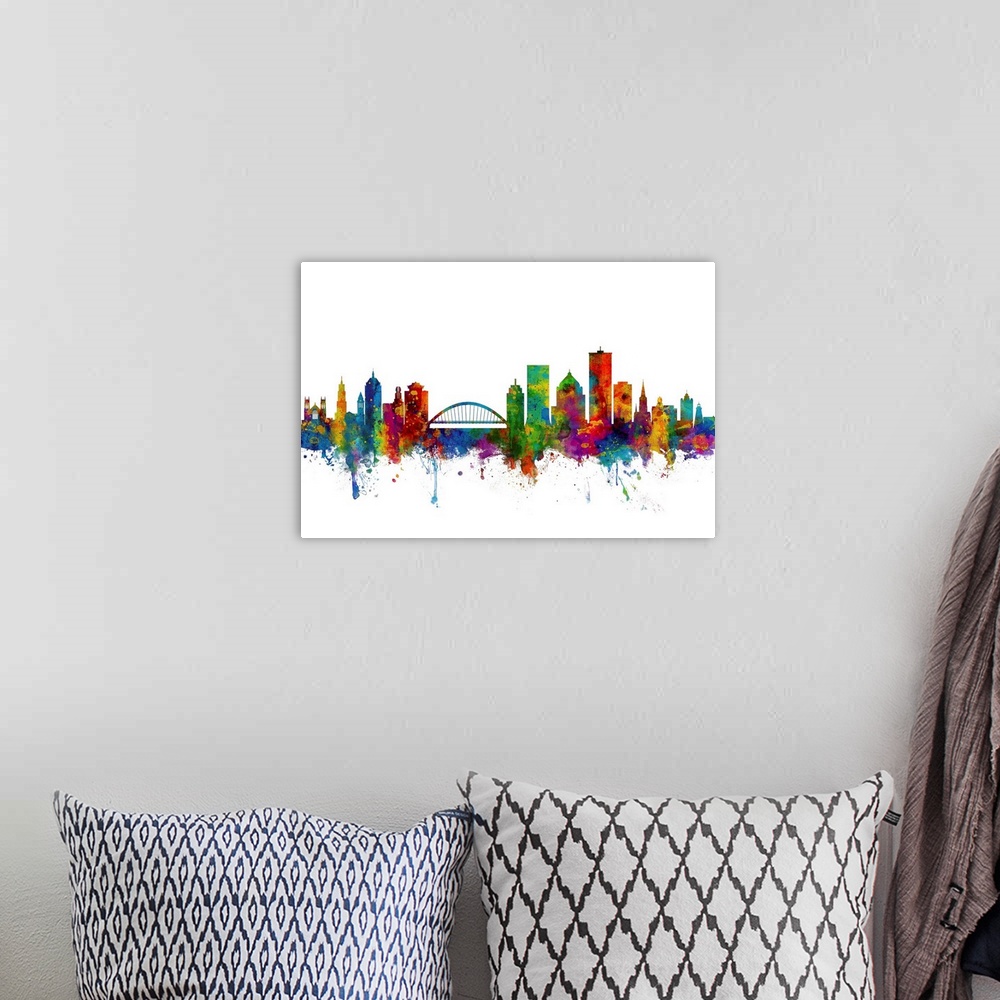 A bohemian room featuring Watercolor art print of the skyline of Rochester, New York, United States