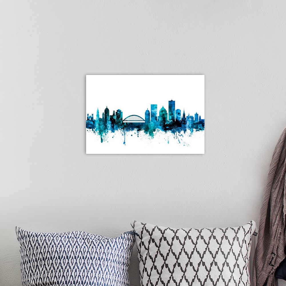 A bohemian room featuring Watercolor art print of the skyline of Rochester, New York, United States.