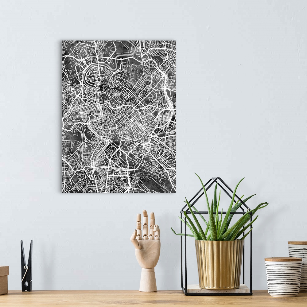 A bohemian room featuring Watercolor street map of Rome, Italy.