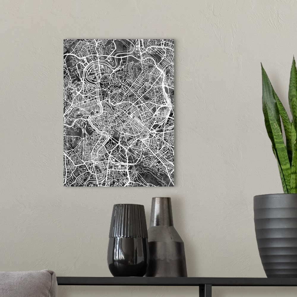 A modern room featuring Watercolor street map of Rome, Italy.