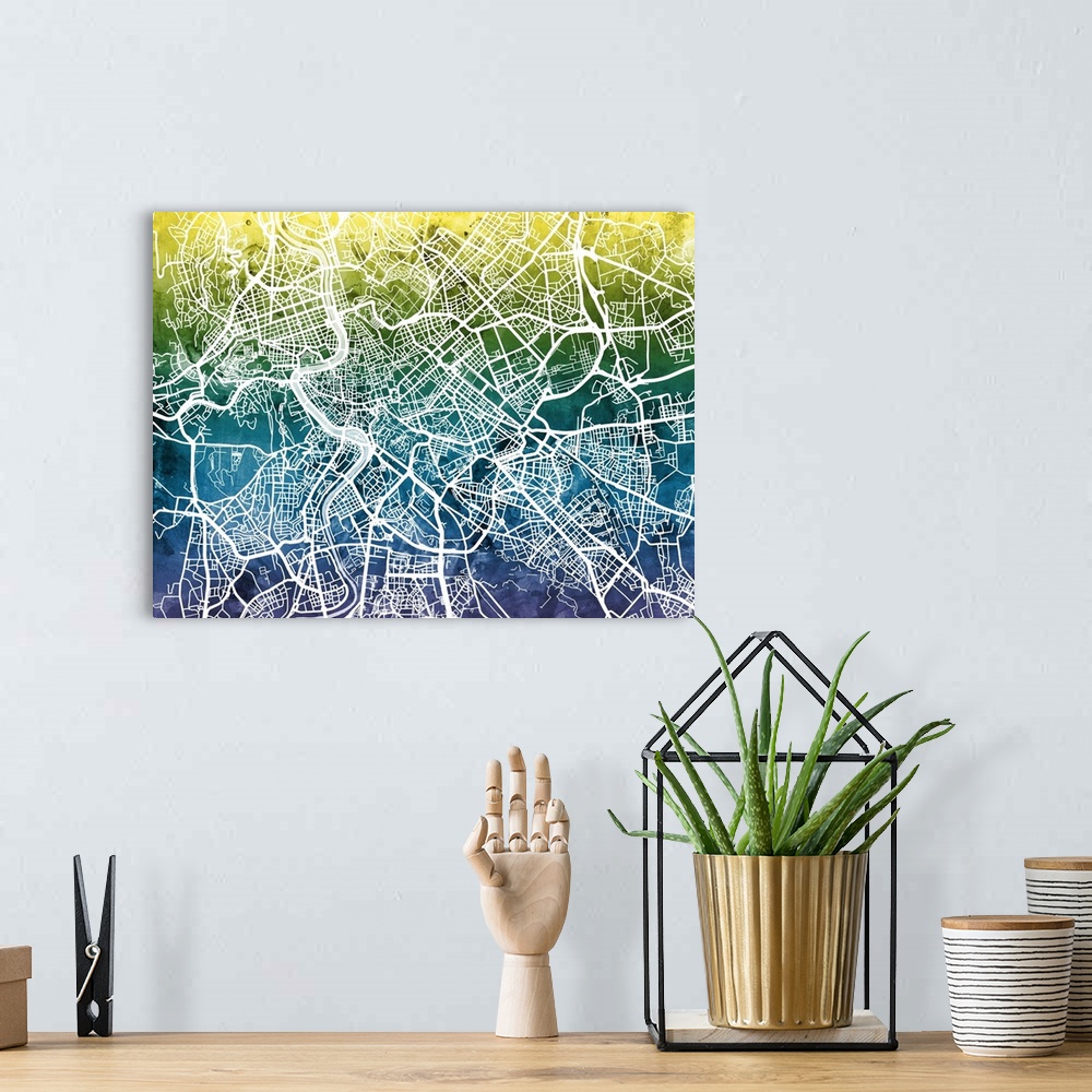 A bohemian room featuring Contemporary watercolor city street map of Rome.