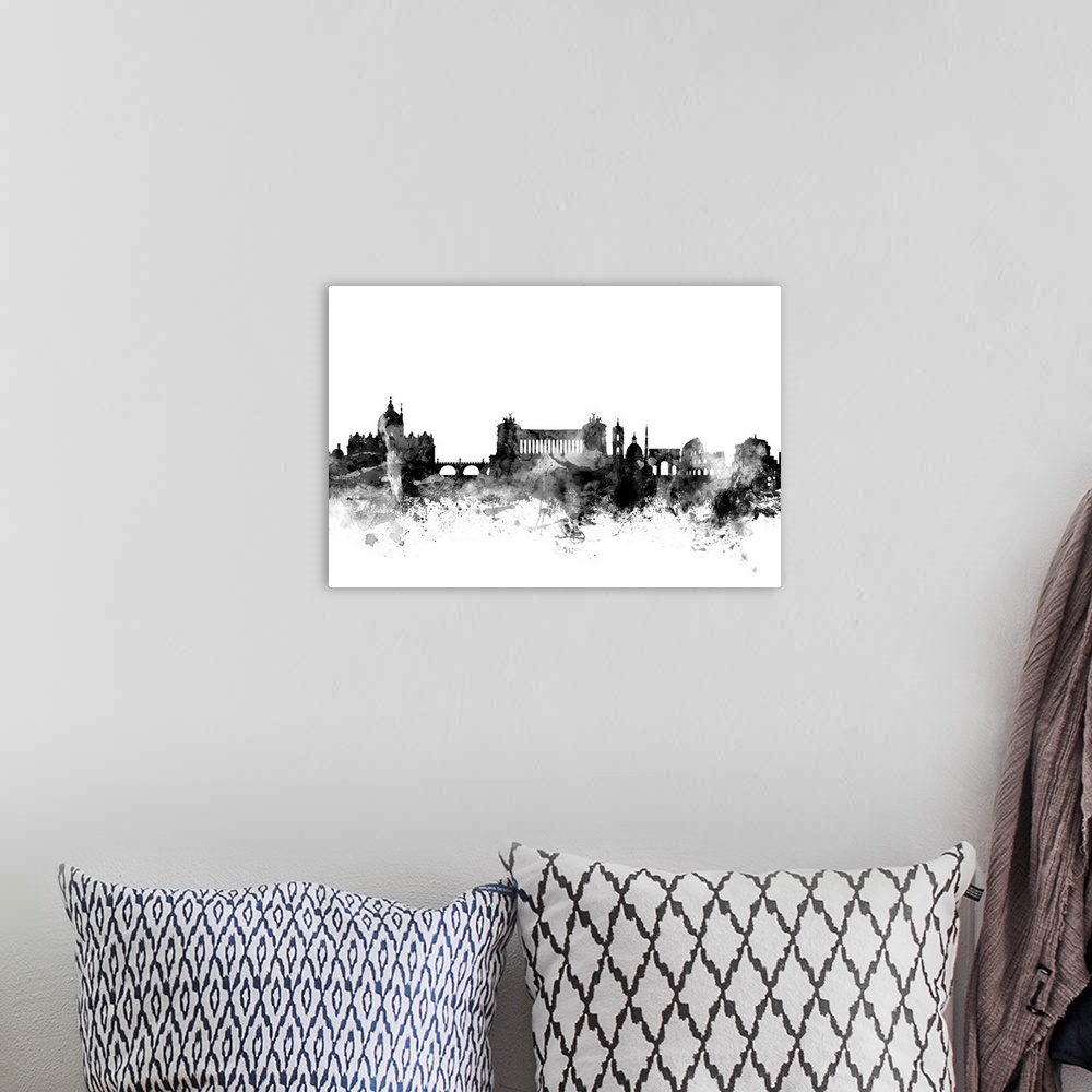 A bohemian room featuring Contemporary artwork of the Rome city skyline in black watercolor paint splashes.