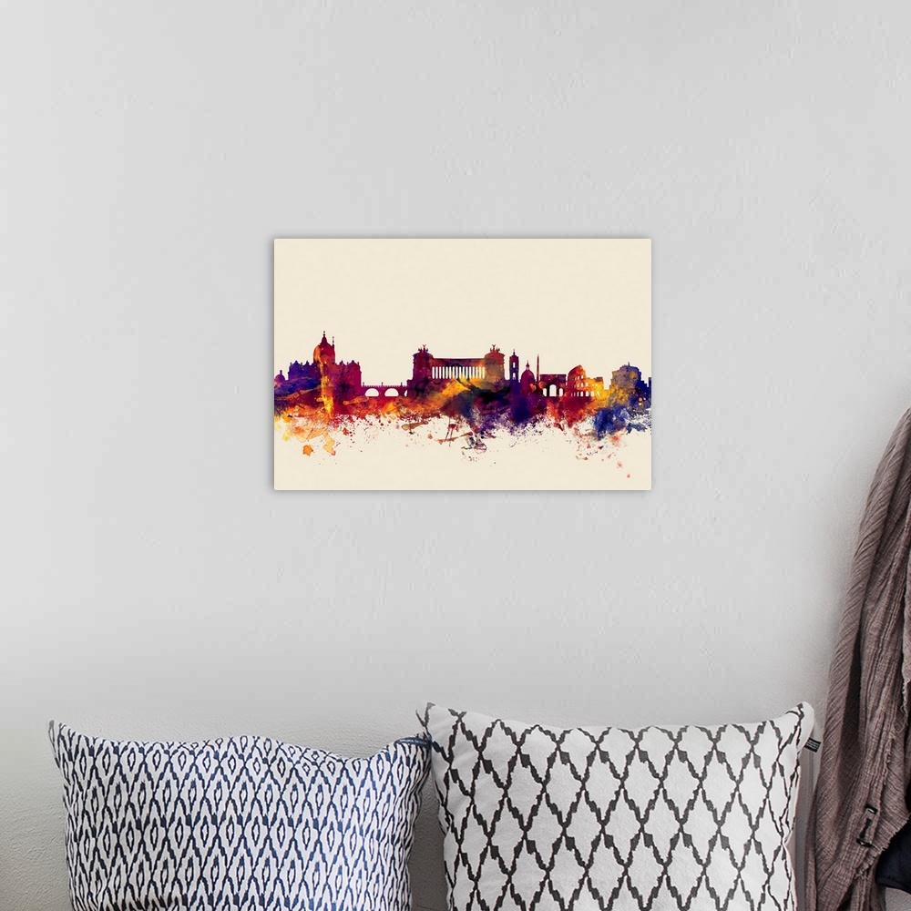 A bohemian room featuring Contemporary artwork of the Rome city skyline in watercolor paint splashes.