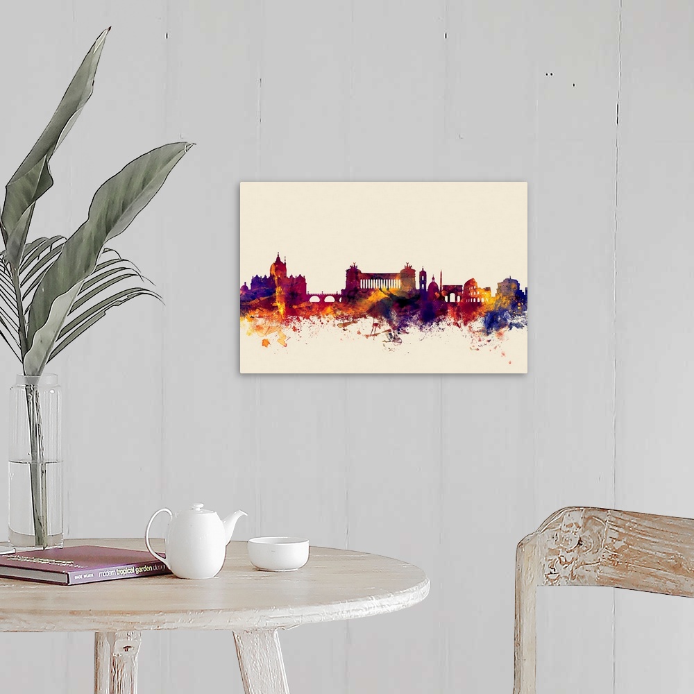 A farmhouse room featuring Contemporary artwork of the Rome city skyline in watercolor paint splashes.