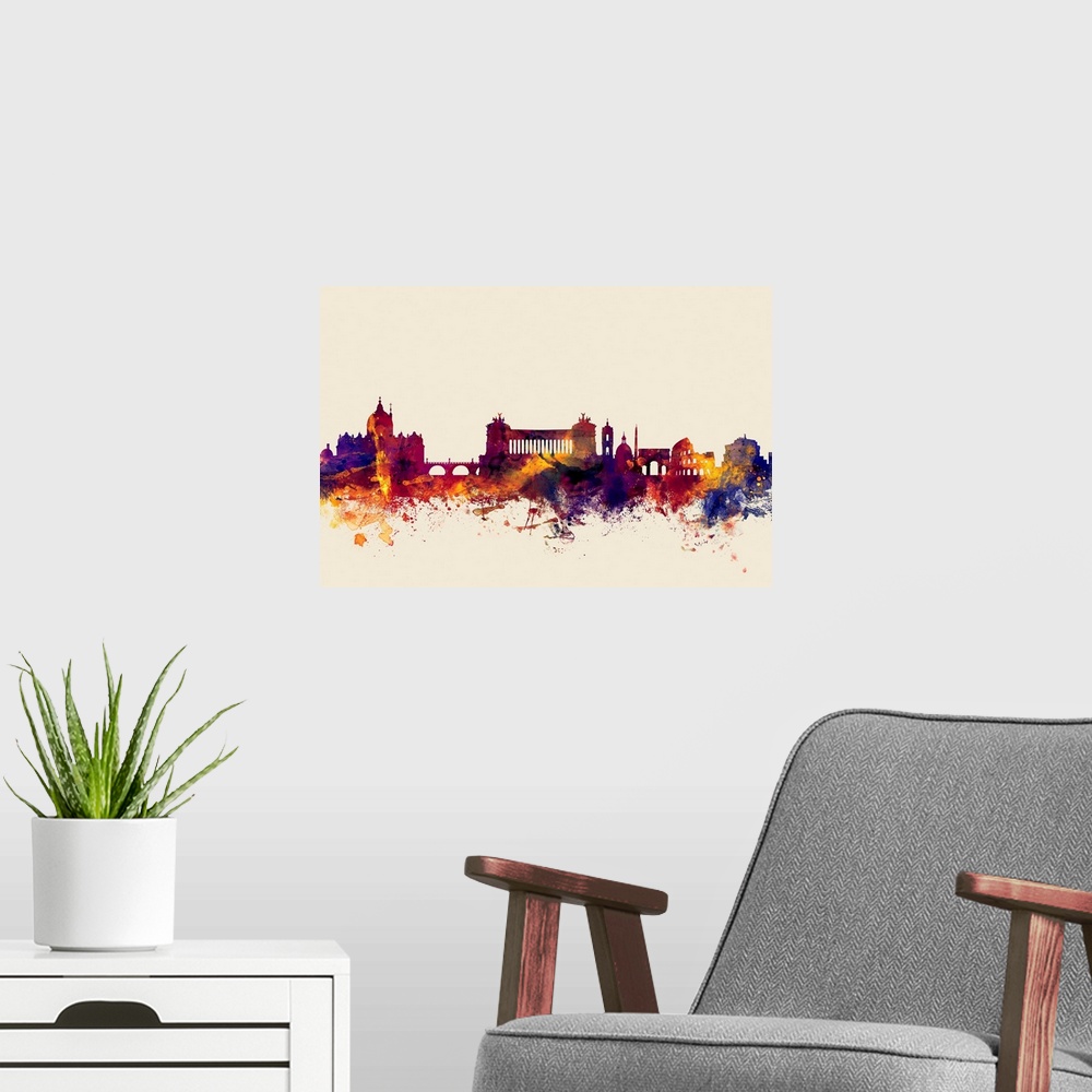 A modern room featuring Contemporary artwork of the Rome city skyline in watercolor paint splashes.