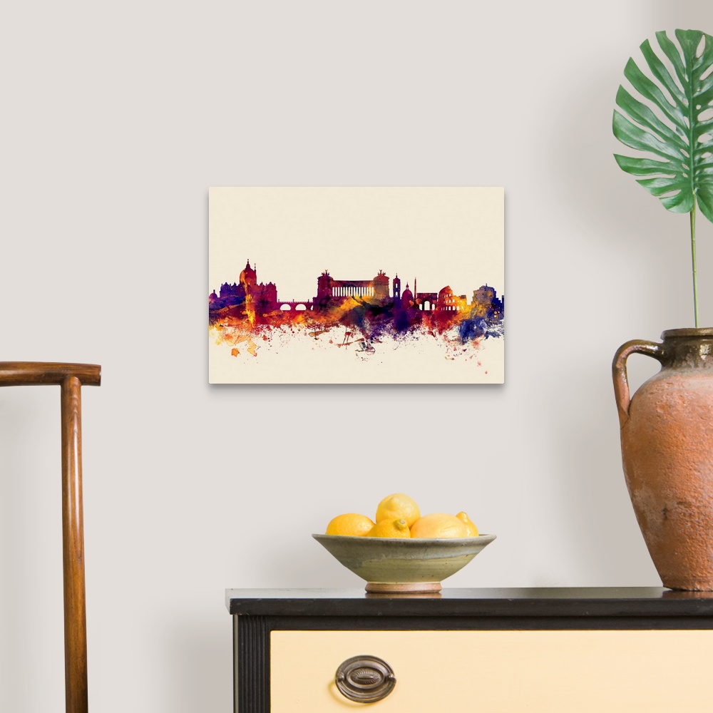 A traditional room featuring Contemporary artwork of the Rome city skyline in watercolor paint splashes.
