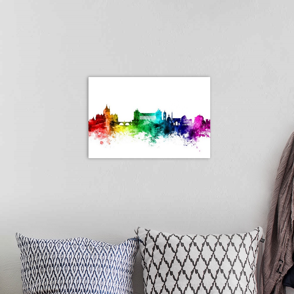A bohemian room featuring Watercolor art print of the skyline of Rome, Italy.