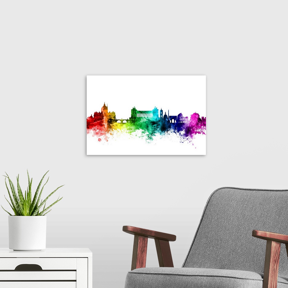 A modern room featuring Watercolor art print of the skyline of Rome, Italy.