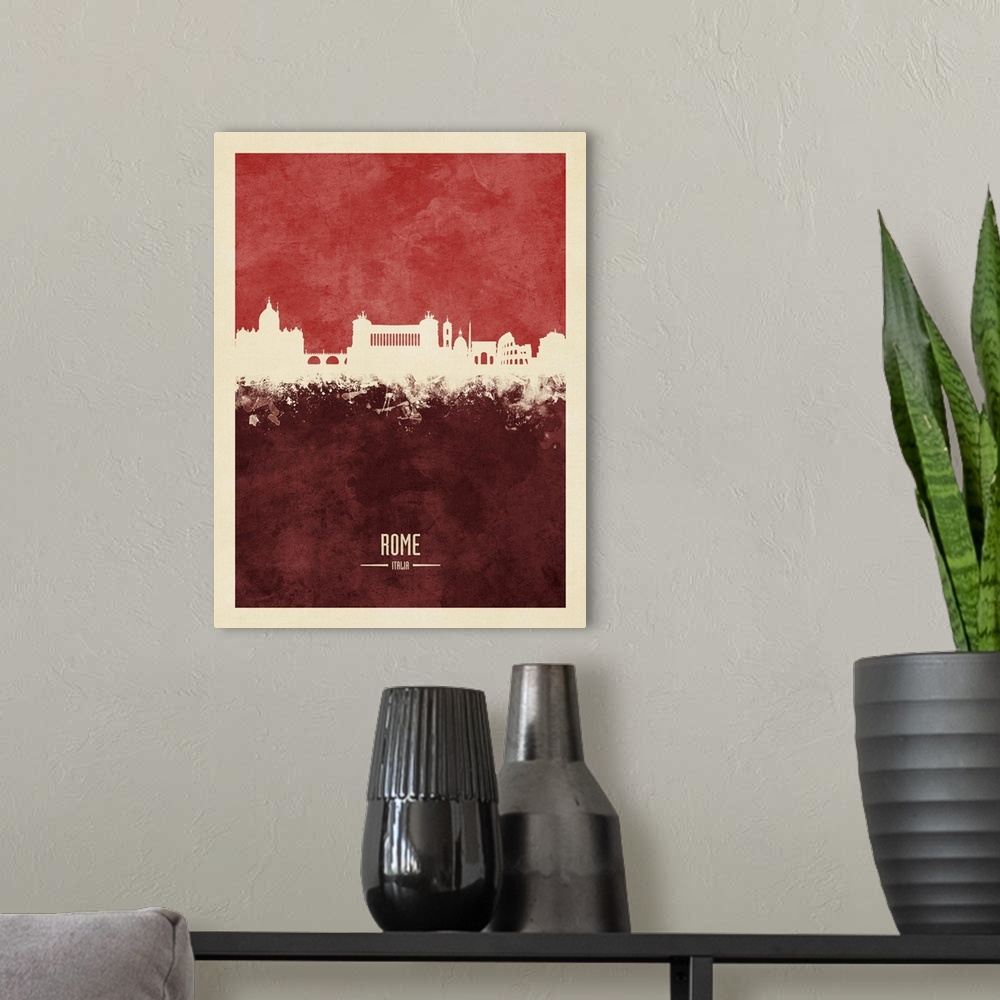 A modern room featuring Watercolor art print of the skyline of Rome, Italy