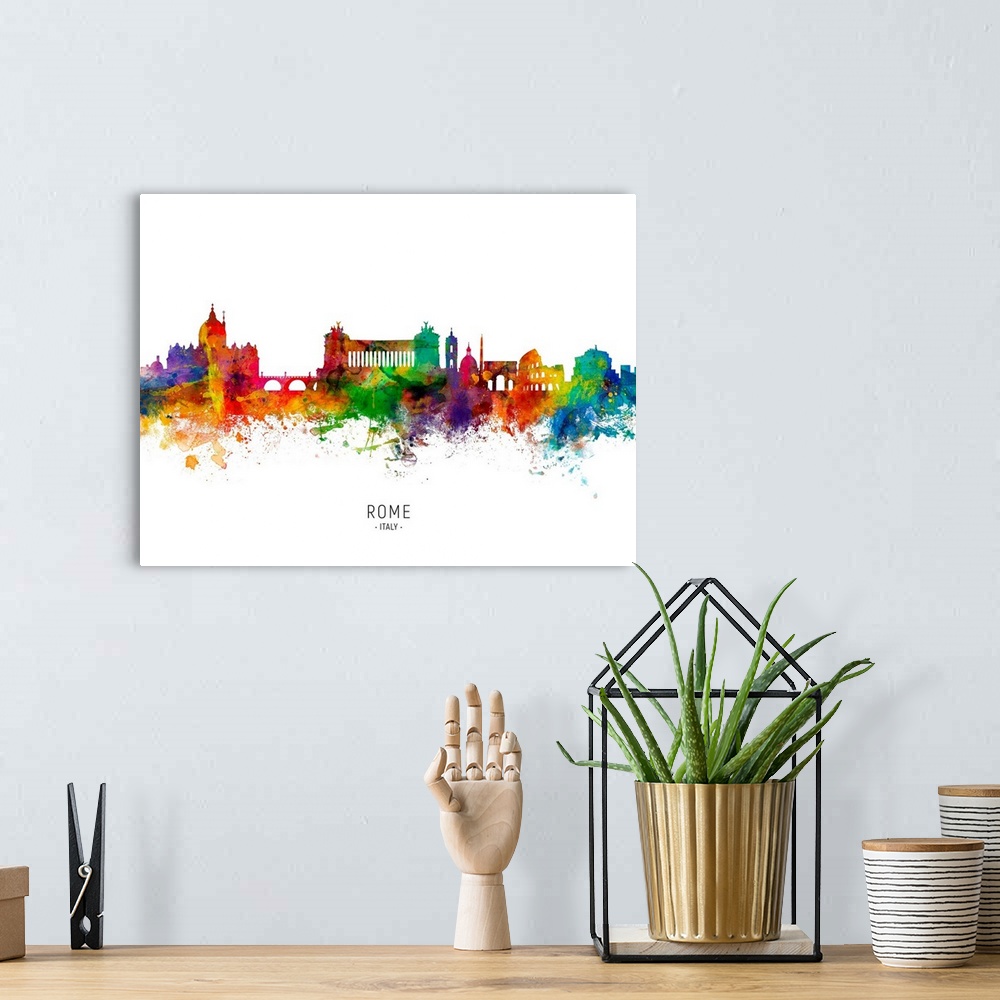 A bohemian room featuring Watercolor art print of the skyline of Rome, Italy.