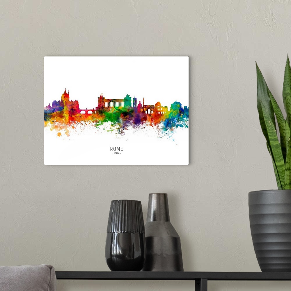 A modern room featuring Watercolor art print of the skyline of Rome, Italy.