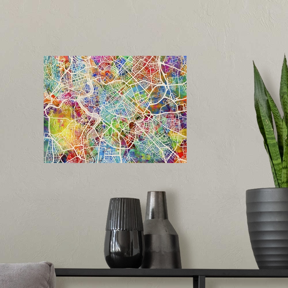 A modern room featuring Watercolor art map of Rome city streets.