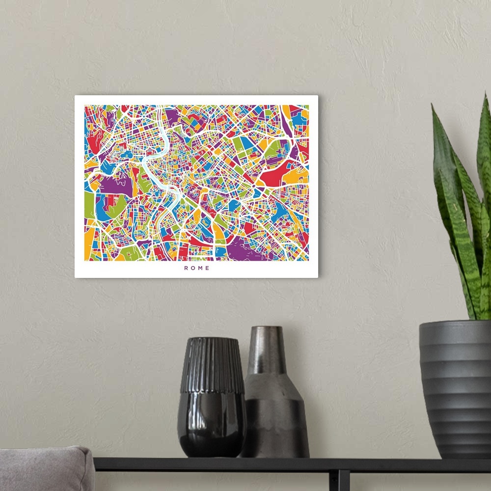 A modern room featuring A street map of Rome, Italy, with coloured land areas.
