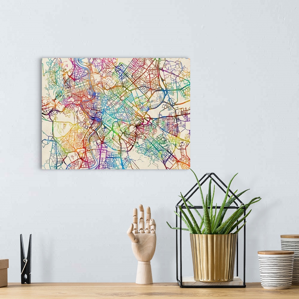 A bohemian room featuring A watercolor street map of Rome, Italy.