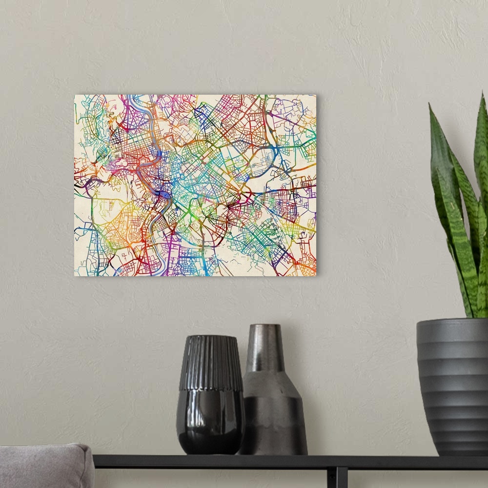 A modern room featuring A watercolor street map of Rome, Italy.