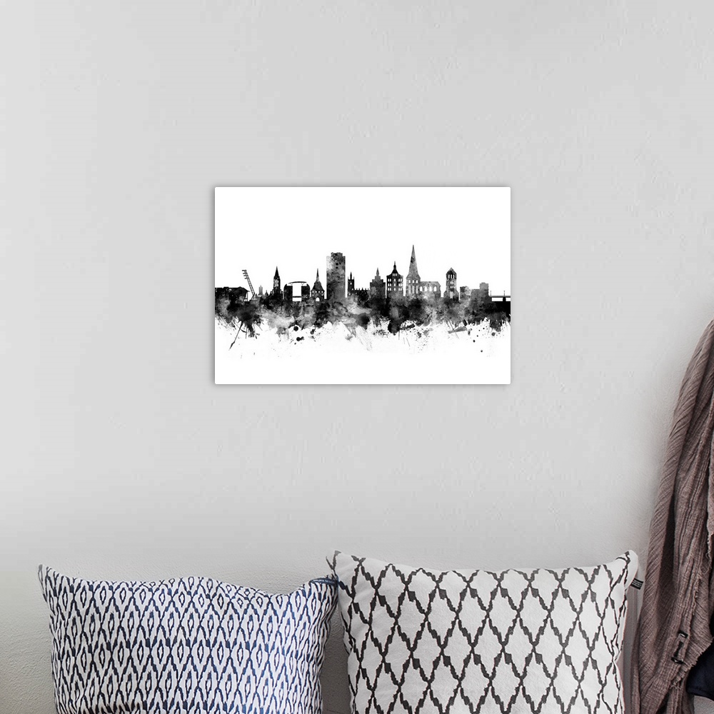 A bohemian room featuring Watercolor art print of the skyline of Rostock, Germany